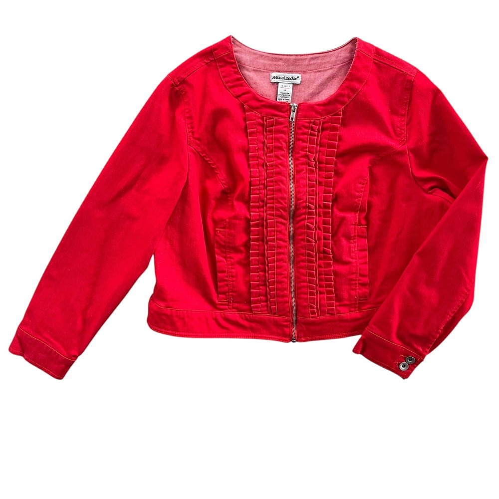 Jessica London Women 14 Red Denim Cotton Blend Full Zip Ruffle Front Jean Jacket